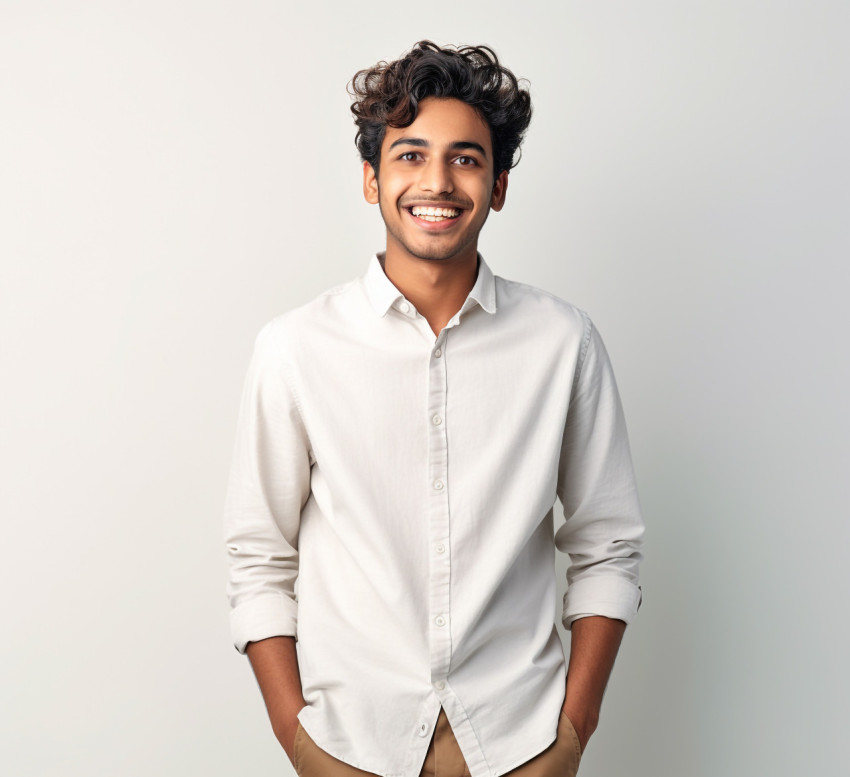 Friendly Indian male international student on white background Friendly Indian male international student on white background