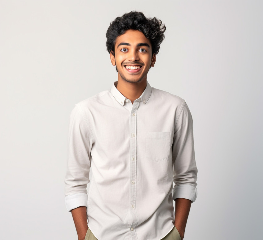 Friendly Indian male international student on white background Friendly Indian male international student on white background