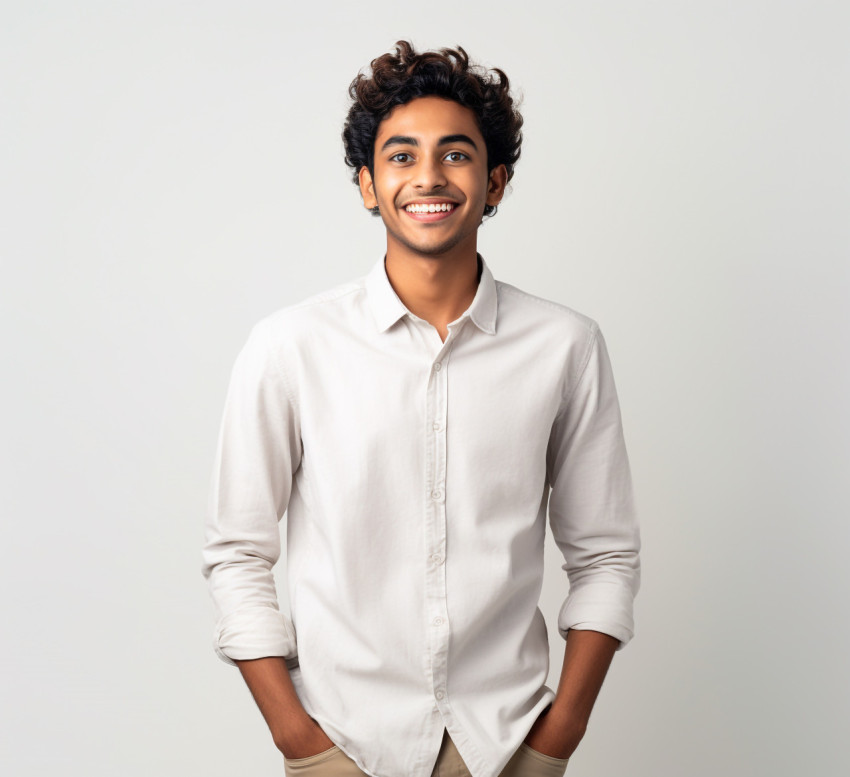 Friendly Indian male international student on white background Friendly Indian male international student on white background