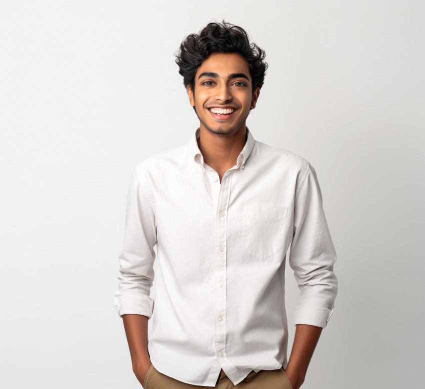 Friendly Indian male international student on white background Friendly Indian male international student on white background