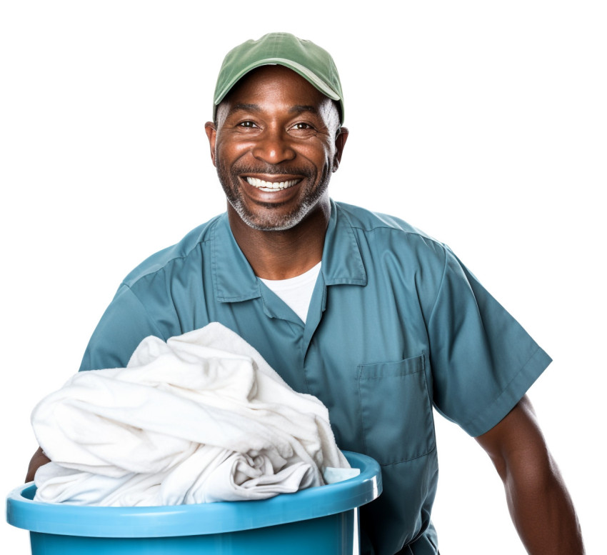 Smiling laundry worker isolated on white Smiling laundry worker isolated on white