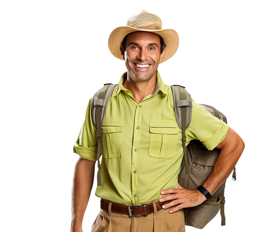 Friendly tour guide smiles on white background Friendly tour guide smiles on white background