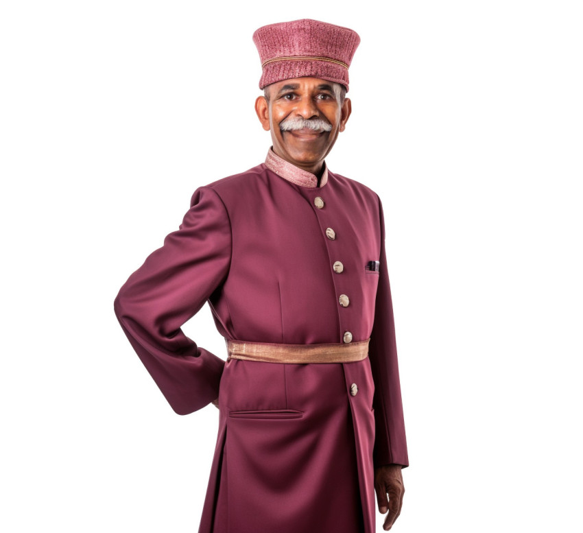 Indian doorman smiling friendly white background Indian doorman smiling friendly white background