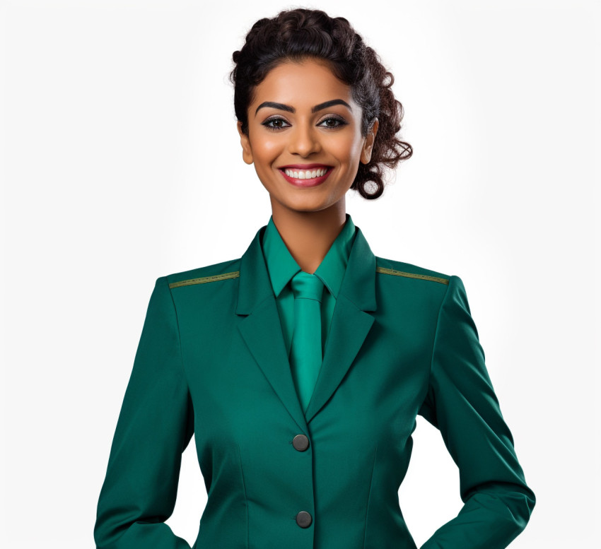 Indian concierge woman smiling at the camera on white background Indian concierge woman smiling at the camera on white background