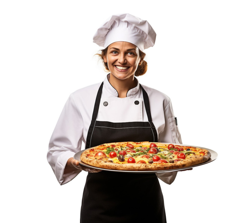 Skilled female pizza chef prepares a delicious pie on white background Skilled female pizza chef prepares a delicious pie on white background