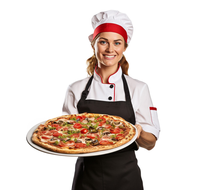 Skilled female pizza chef prepares a delicious pie on white background Skilled female pizza chef prepares a delicious pie on white background