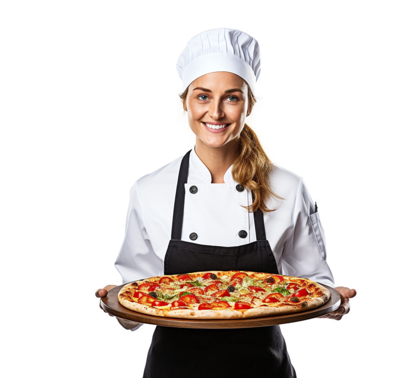 Skilled female pizza chef prepares a delicious pie on white background Skilled female pizza chef prepares a delicious pie on white background