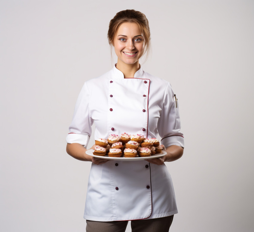 Happy female baker posing on white background Happy female baker posing on white background