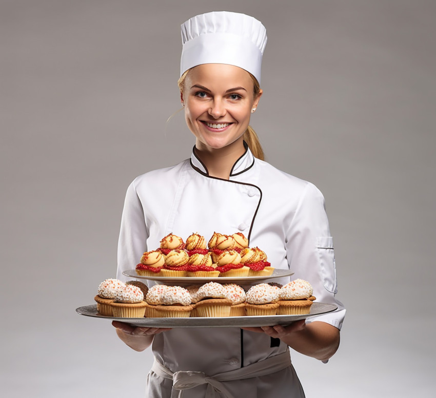 Happy female baker posing on white background Happy female baker posing on white background