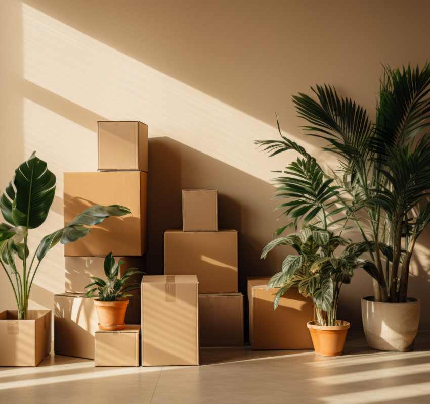 Room with moving boxes and a plant Room with moving boxes and a plant