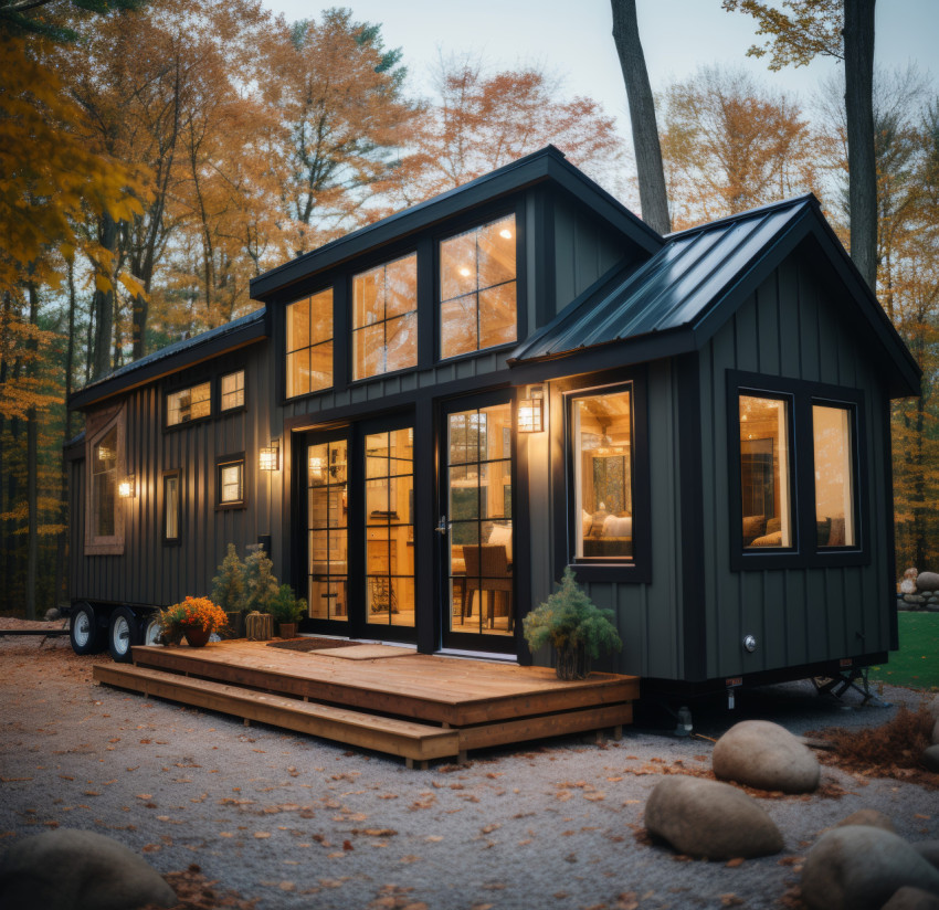 A tiny house parked in the driveway