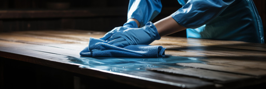 A lady wearing blue rubber gloves cleans wooden boards with care A lady wearing blue rubber gloves cleans wooden boards with care