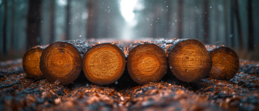 Forest scene featuring logs of wood Forest scene featuring logs of wood