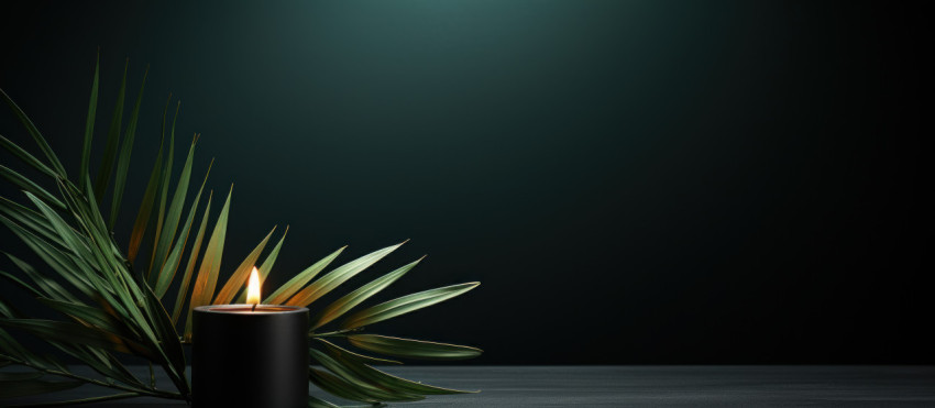Black candle with palm branch on dark background Black candle with palm branch on dark background