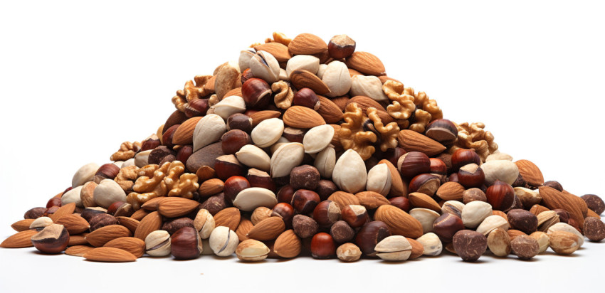 A variety of nuts on a white background A variety of nuts on a white background, dry fruits mix image