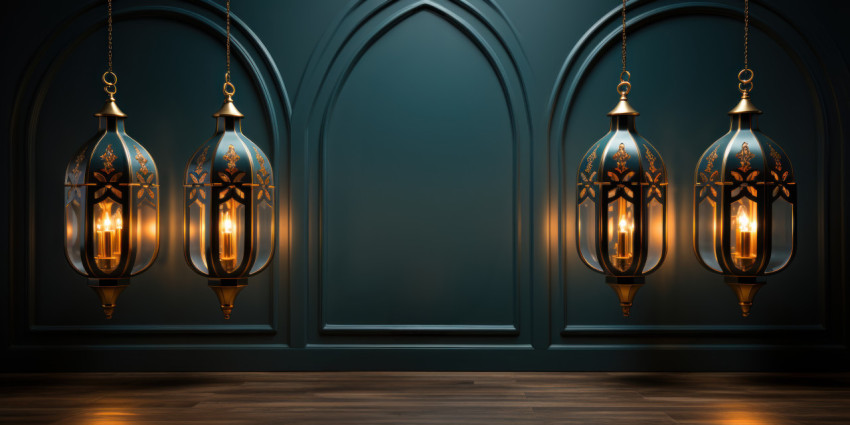 Elegant gold lanterns casting warm light on a cool blue canvas Elegant gold lanterns casting warm light on a cool blue canvas