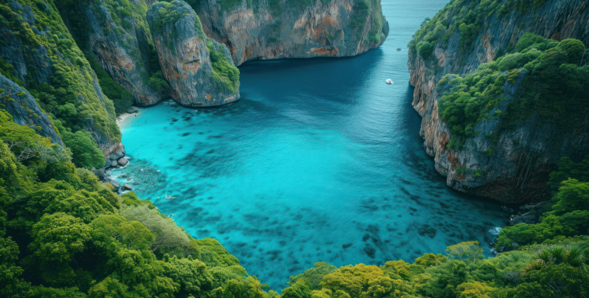 Blue sea surrounded by green rocky hills a serene and scenic landscape of nature beauty Blue sea surrounded by green rocky hills a serene and scenic landscape of nature beauty