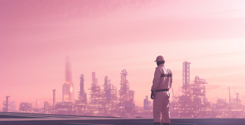 an industrial workers silhouette in front of a city on top of an an industrial workers silhouette in front of a city on top of an