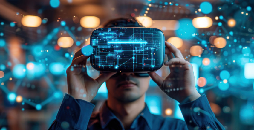 A man engages in cutting edge technology and experiences immersive virtual worlds A man engages in cutting edge technology and experiences immersive virtual worlds