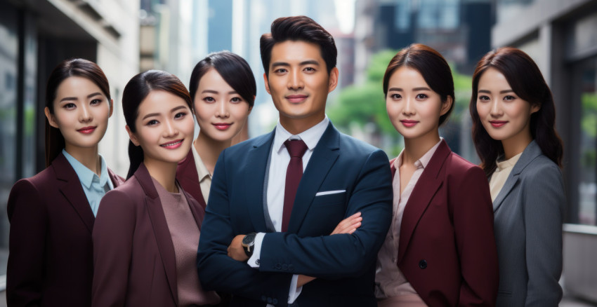 A photo capturing the essence of an asian business team showcasing teamwork and a shared commitment to success A photo capturing the essence of an asian business team showcasing teamwork and a shared commitment to success
