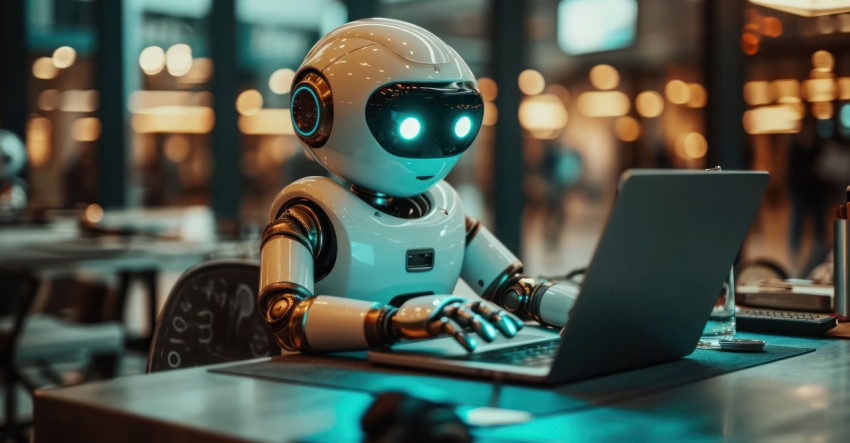 Robotic figure working on laptop against a blur backdrop Robotic figure working on laptop against a blur backdrop