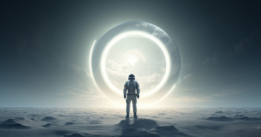 A space traveler is standing outside on the edge of a round sunl