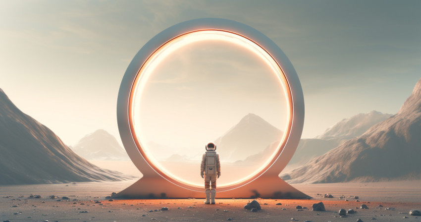 A space traveler is standing outside on the edge of a round sunl