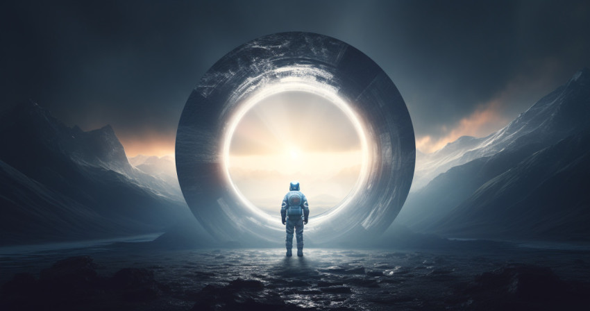 A space traveler is standing outside on the edge of a round sunl
