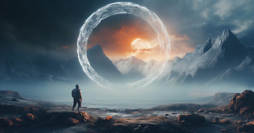 A space traveler is standing outside on the edge of a round sunl
