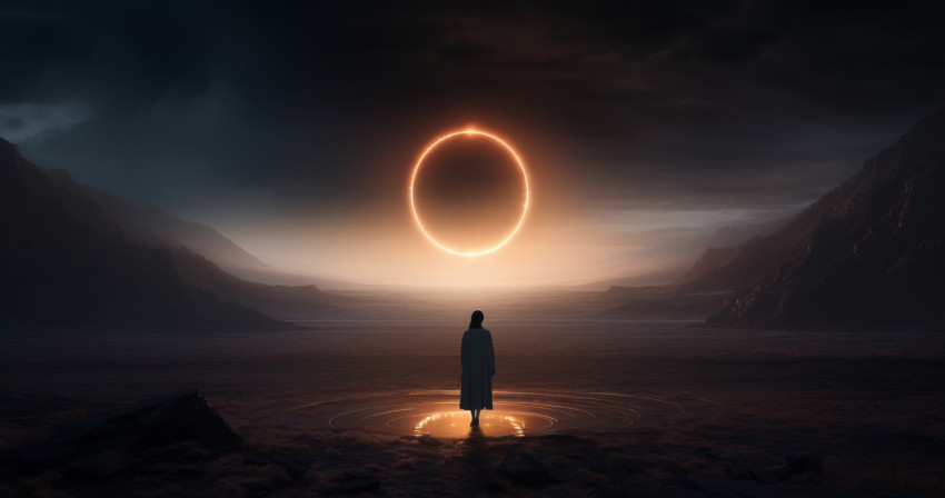 A picture of a woman looking at a glowing ring floating in space