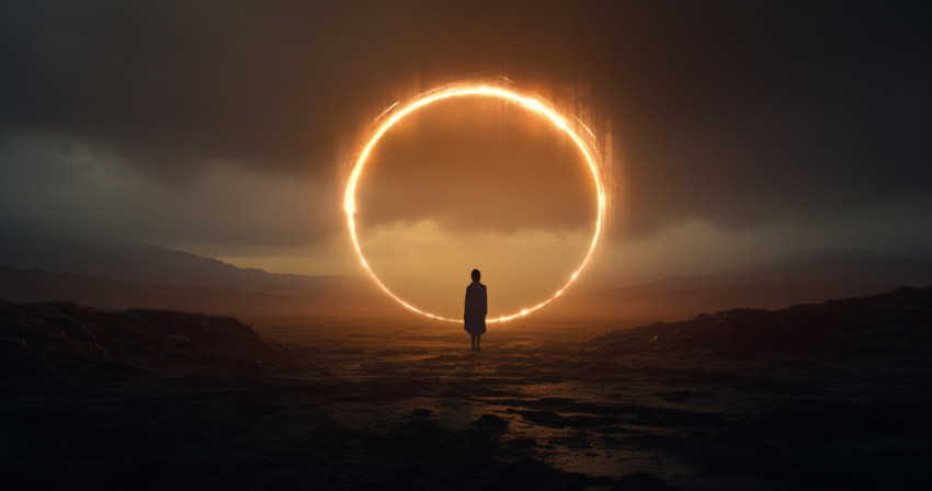 A picture of a woman looking at a glowing ring floating in space