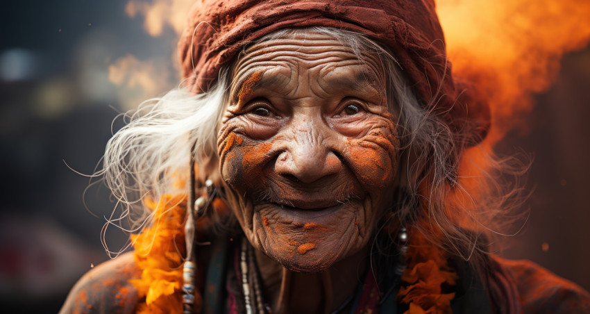 Old woman decorated with vibrant color powder Old woman decorated with vibrant color powder