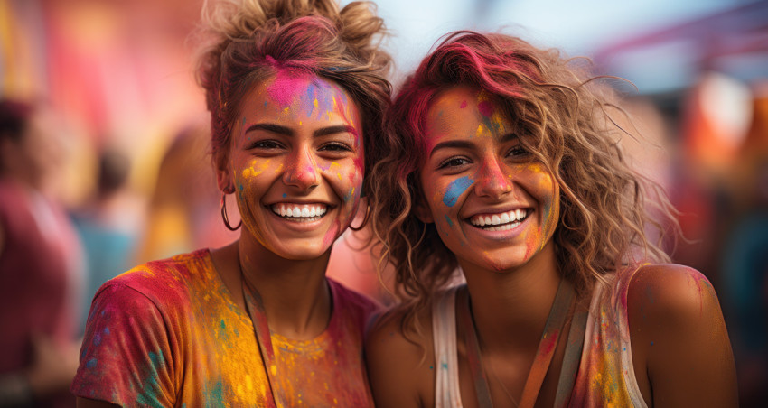 Holi celebrations faces radiate colorful paints Holi celebrations faces radiate colorful paints