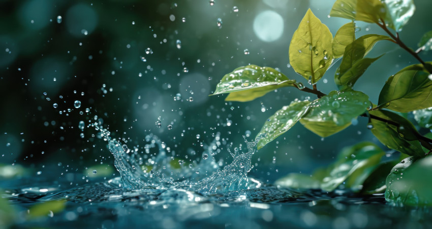 Water splashes gracefully on green leaves Water splashes gracefully on green leaves