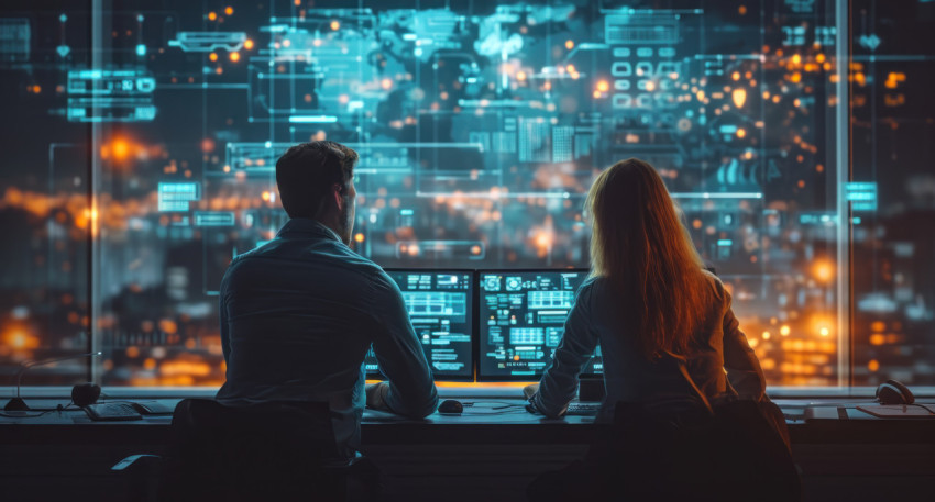 A pair in front of a screen leading a meeting A pair in front of a screen leading a meeting