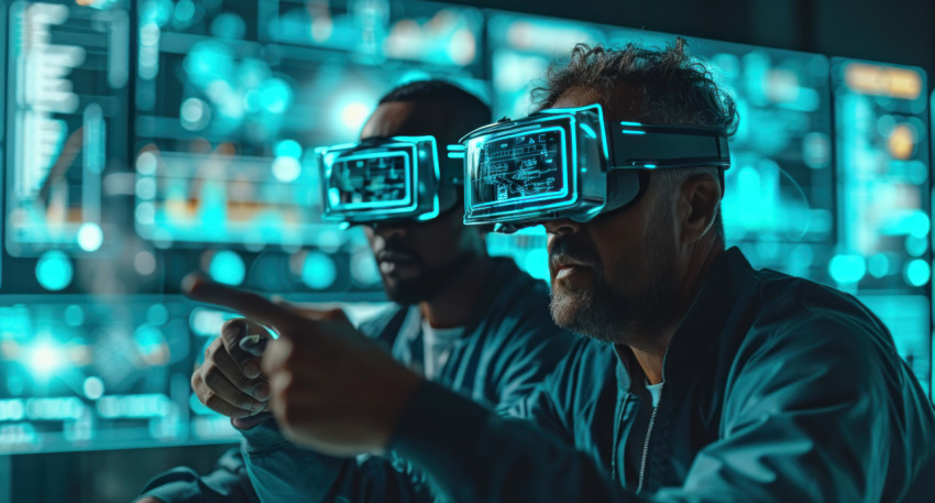 Two men wearing virtual reality glasses experience a futuristic world in awe Two men wearing virtual reality glasses experience a futuristic world in awe
