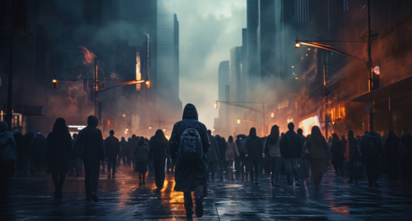 People from various backgrounds walking together on a city street creating a lively and bustling urban atmosphere People from various backgrounds walking together on a city street creating a lively and bustling urban atmosphere