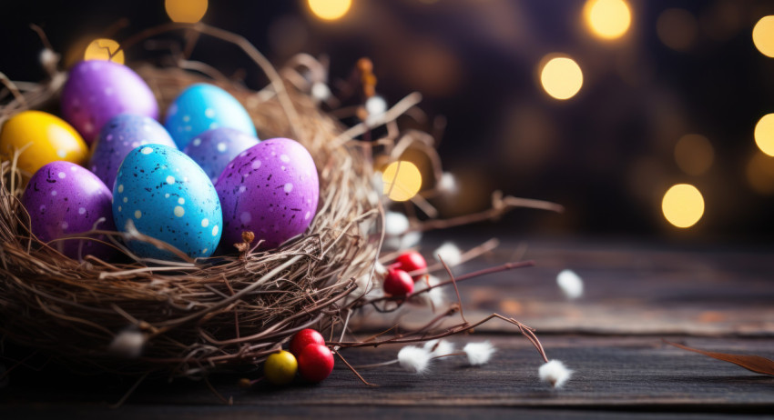 Colorful easter eggs placed in a bird nest atop a wooden table Colorful easter eggs placed in a bird nest atop a wooden table