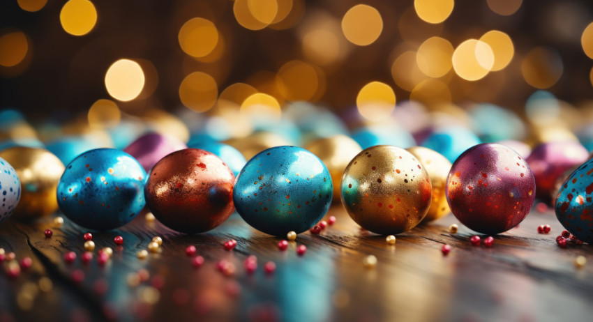 Easter eggs in various colors beautifully displayed on a wooden table Easter eggs in various colors beautifully displayed on a wooden table