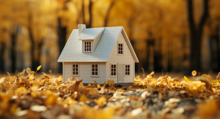 A small house amidst the beautiful autumn scenery A small house amidst the beautiful autumn scenery