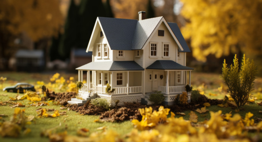 Tiny dollhouse surrounded by fall foliage in a yard with lush green grass Tiny dollhouse surrounded by fall foliage in a yard with lush green grass