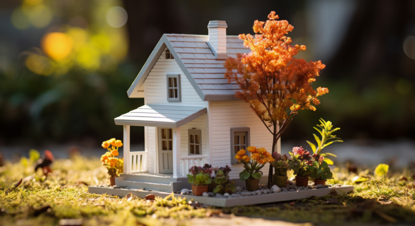 A small house surrounded by autumn vibes with a flowerpot on the grassy lawn A small house surrounded by autumn vibes with a flowerpot on the grassy lawn