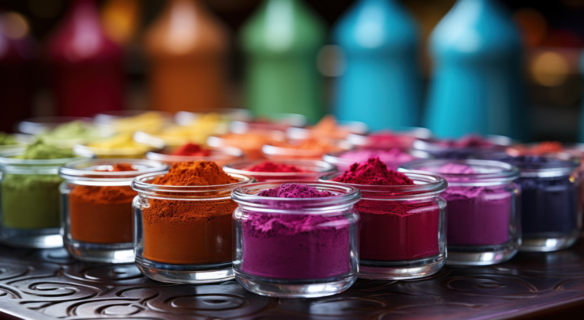 Colorful powder cup on multicolored surface