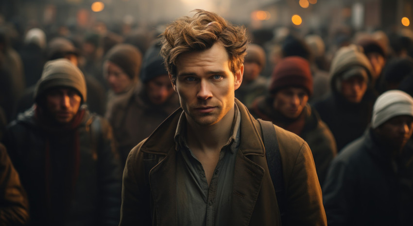 A man stands before a gathered crowd A man stands before a gathered crowd