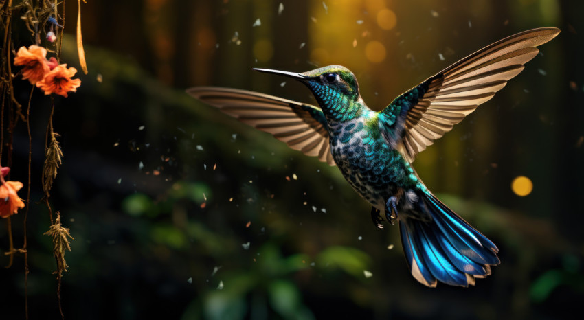 Hummingbird gracefully flying in the forest Hummingbird gracefully flying in the forest