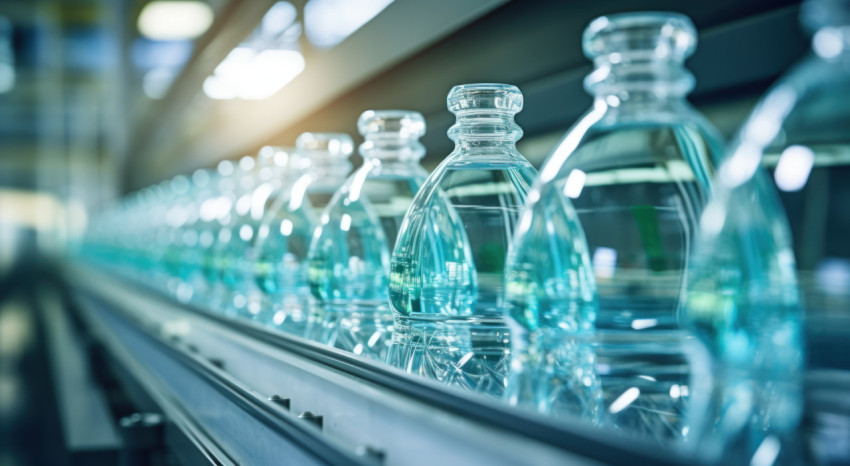Factory production line with numerous water bottles in a row Factory production line with numerous water bottles in a row, water in industry photo