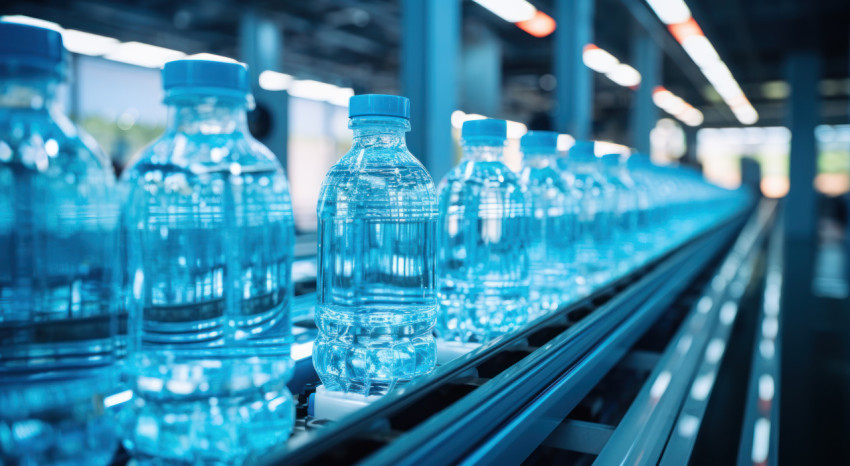 Automated production of bottled water at a plant with machinery and workers ensuring quality and efficiency Automated production of bottled water at a plant with machinery and workers ensuring quality and efficiency, water in industry picture