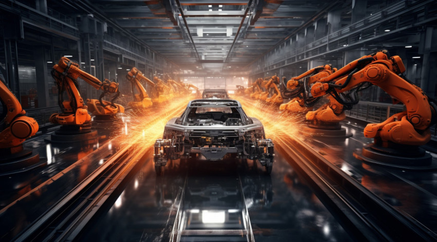 Auto industry automation and robots a global picture of an autom Auto industry automation and robots a global picture of an automotive factory, assembly line car production, assembly line car manufacturing