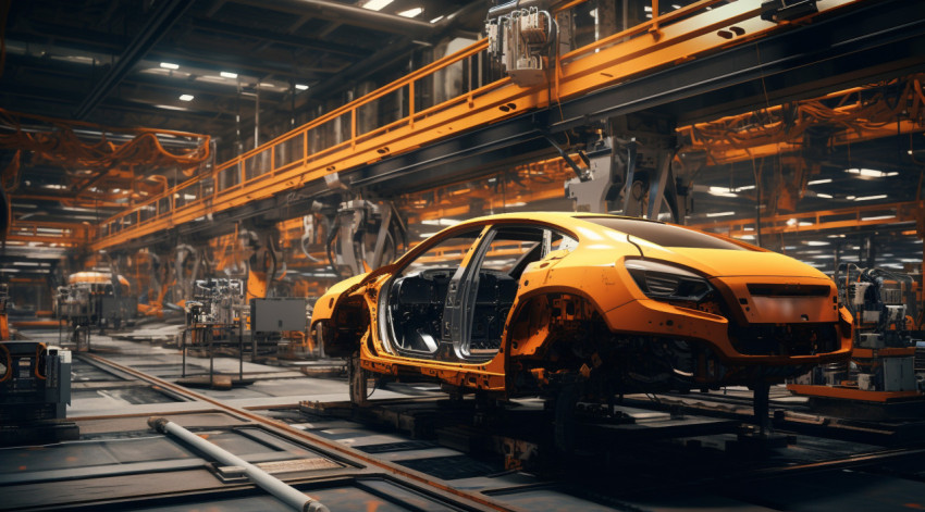 A car on an assembly line is being worked on by robots A car on an assembly line is being worked on by robots, assembly line car production, assembly line car manufacturing