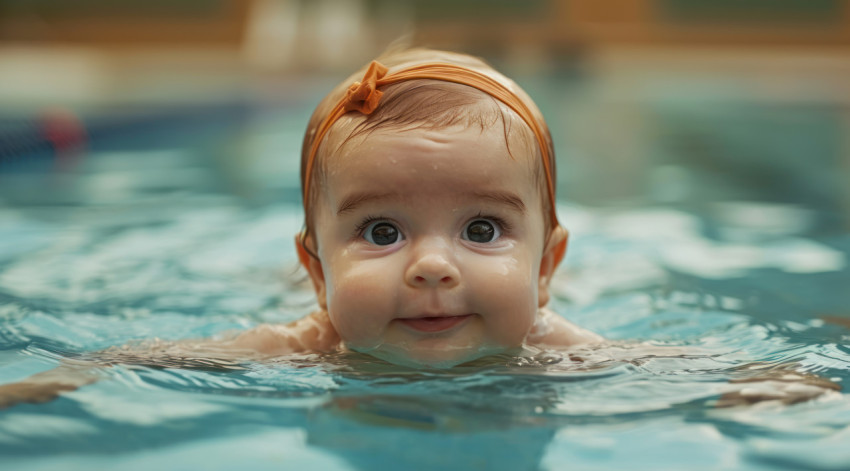 Baby girl happily swims in a pool Baby girl happily swims in a pool